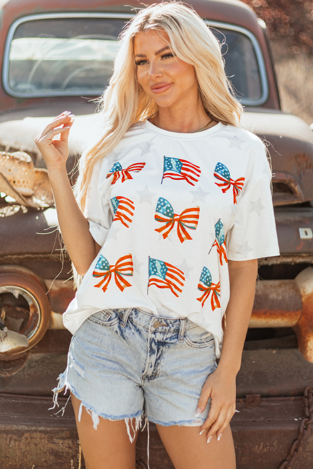 Khaki Patriotic Flag Bow Graphic Starry Round Neck T Shirt