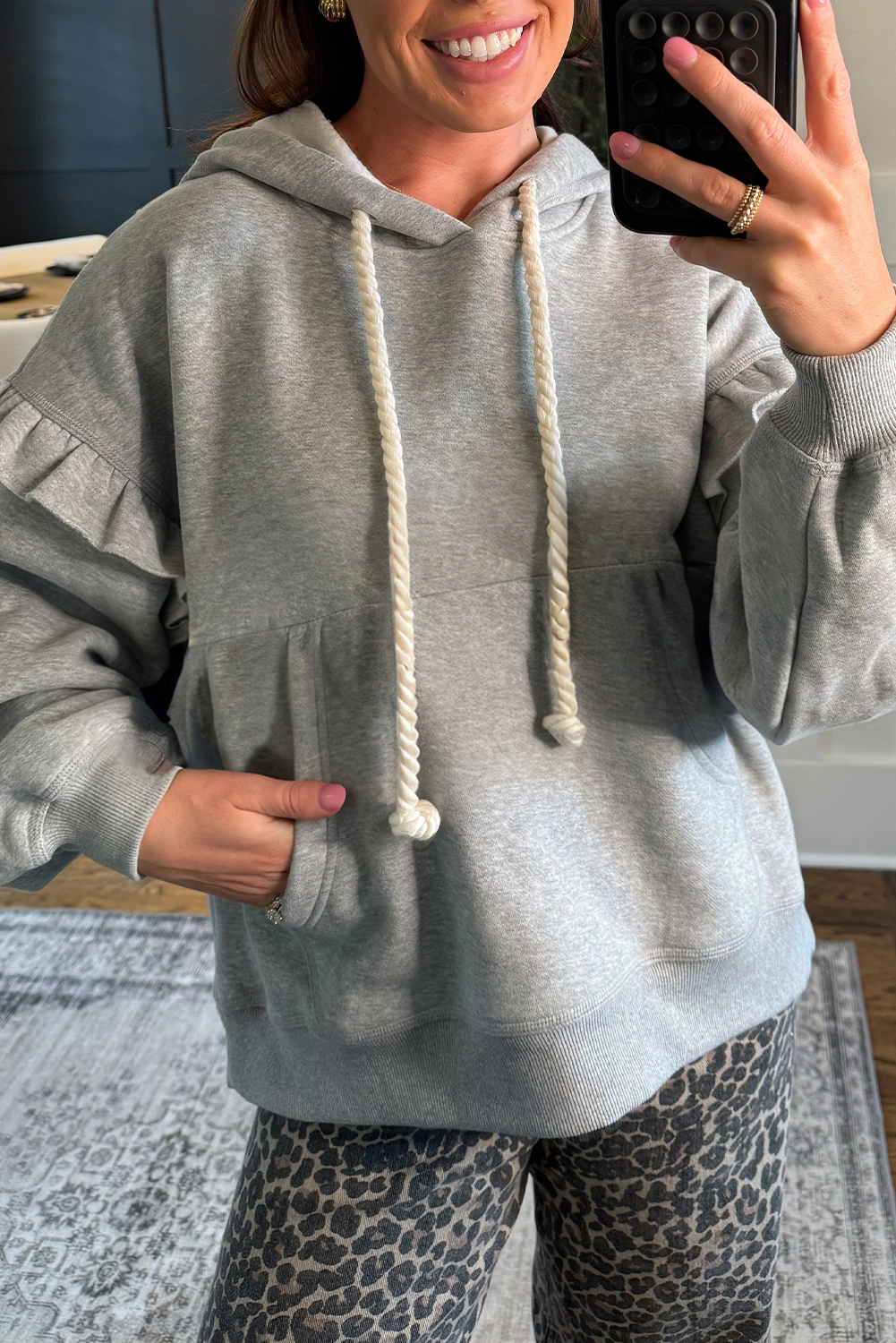 Gray Contrast Rope Drawstring Ruffle Trim Drop Shoulder Baggy Hoodie