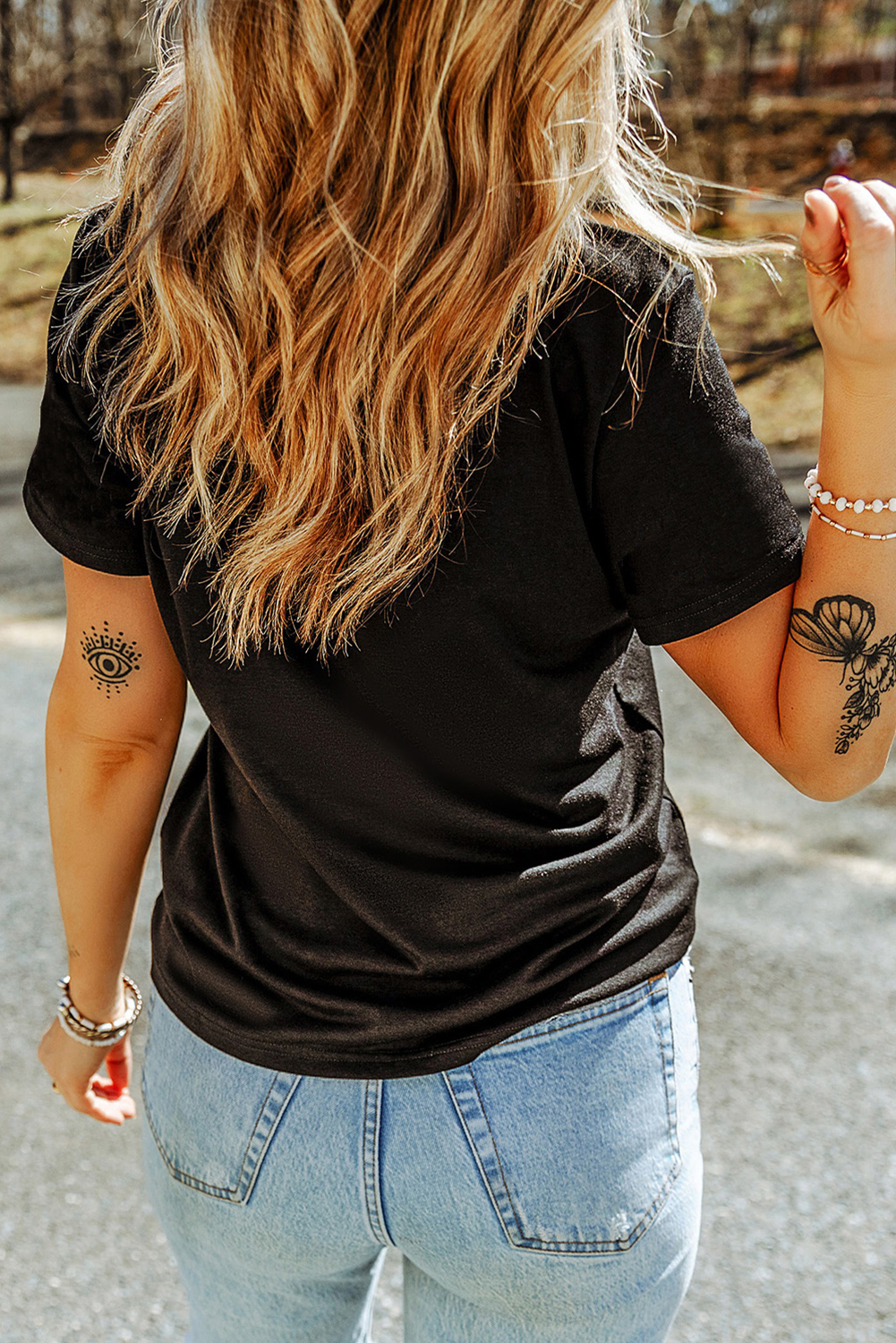 Black Colorful Flower Graphic Crewneck Summer Tee