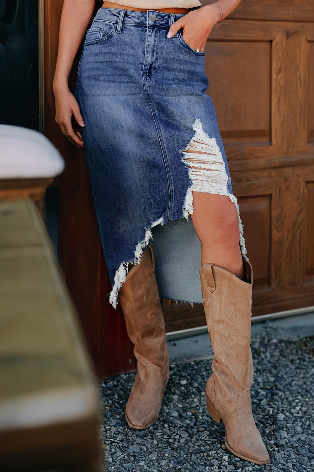 Sail Blue Dearlove Irregular Distressed Bottom Denim Midi Skirt