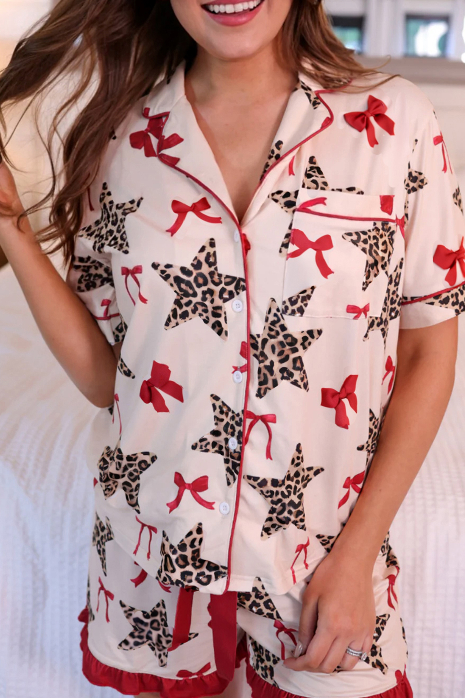 White Leopard Star Ribbon Bow Print Contrast Trim Short Pajama Set