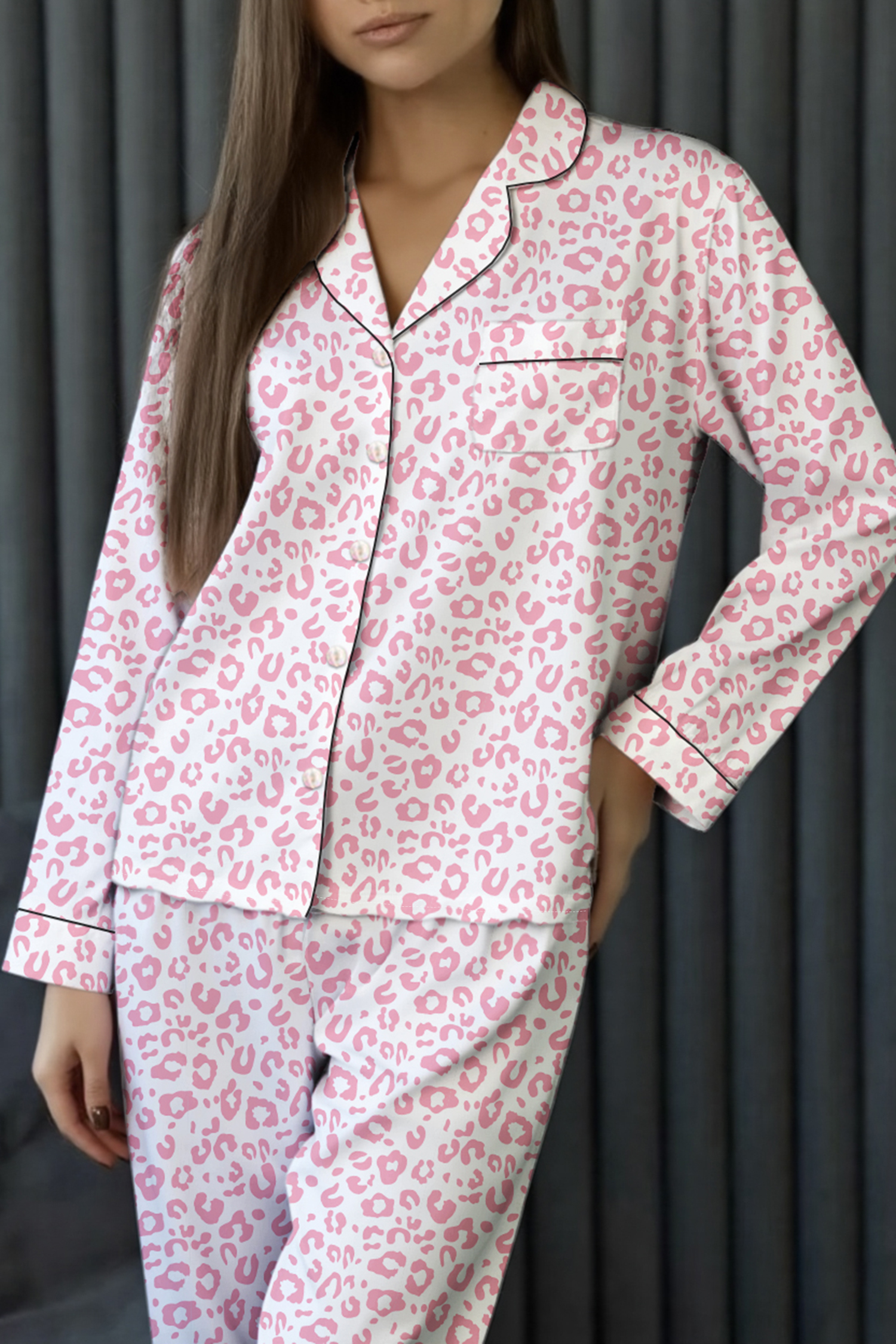 Pink Leopard Print 2cps Long Pajama Set