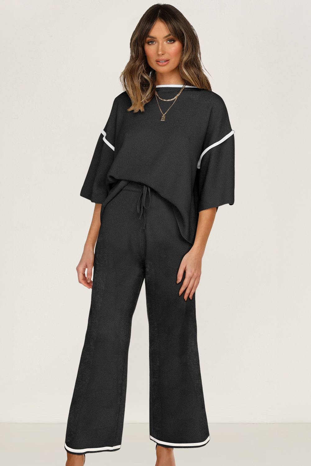 Blackish Green Contrast Trim Half Sleeve Top Drawstring Pants Loose 2pcs Sweater Suit