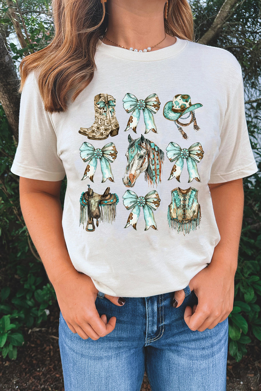White Horse Bowknot Cowgirl Fashion Print Crewneck Tee