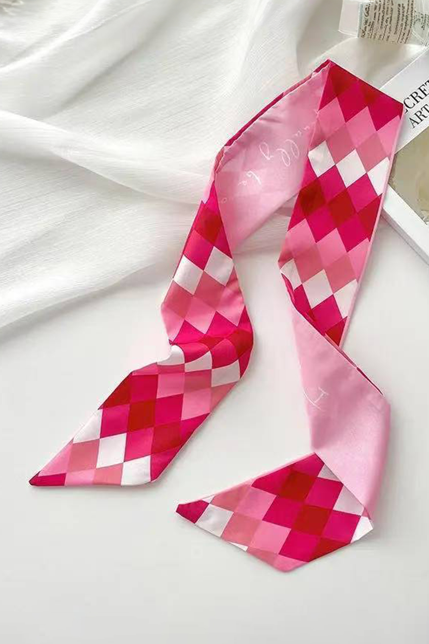 Rose Red Valentines Day Sweet Rhombus Print Ribbon Hair Band Silky Scarf