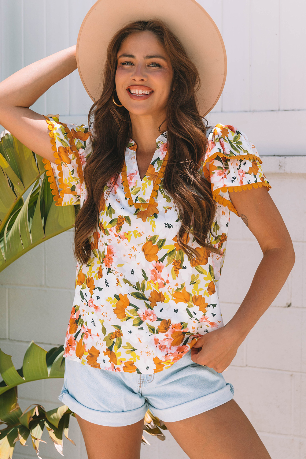 Russet Orange Ruffled V Neck Scalloped Short Sleeve Floral Blouse