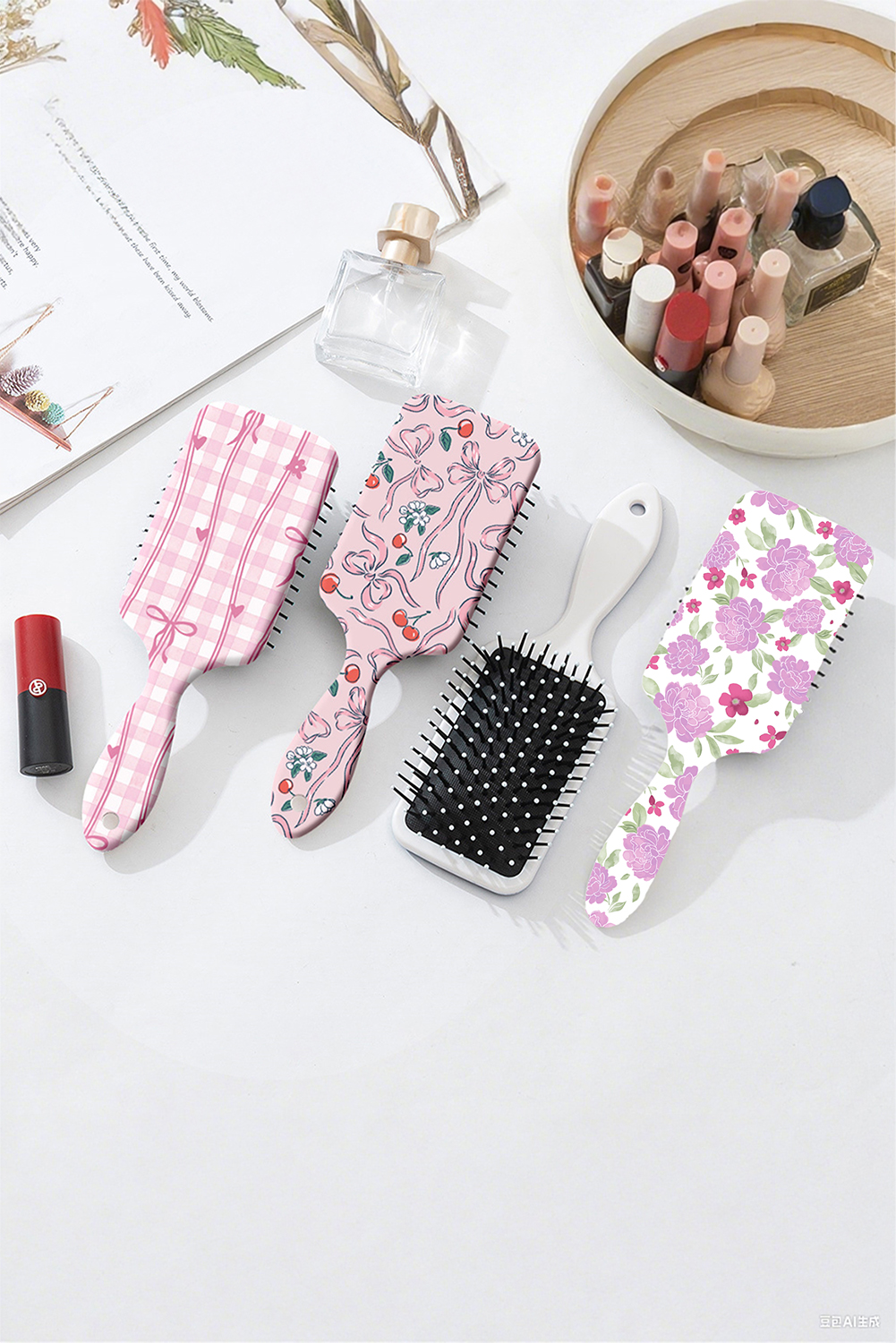 White Peony Flower Print Large Paddle Air Cushion Comb