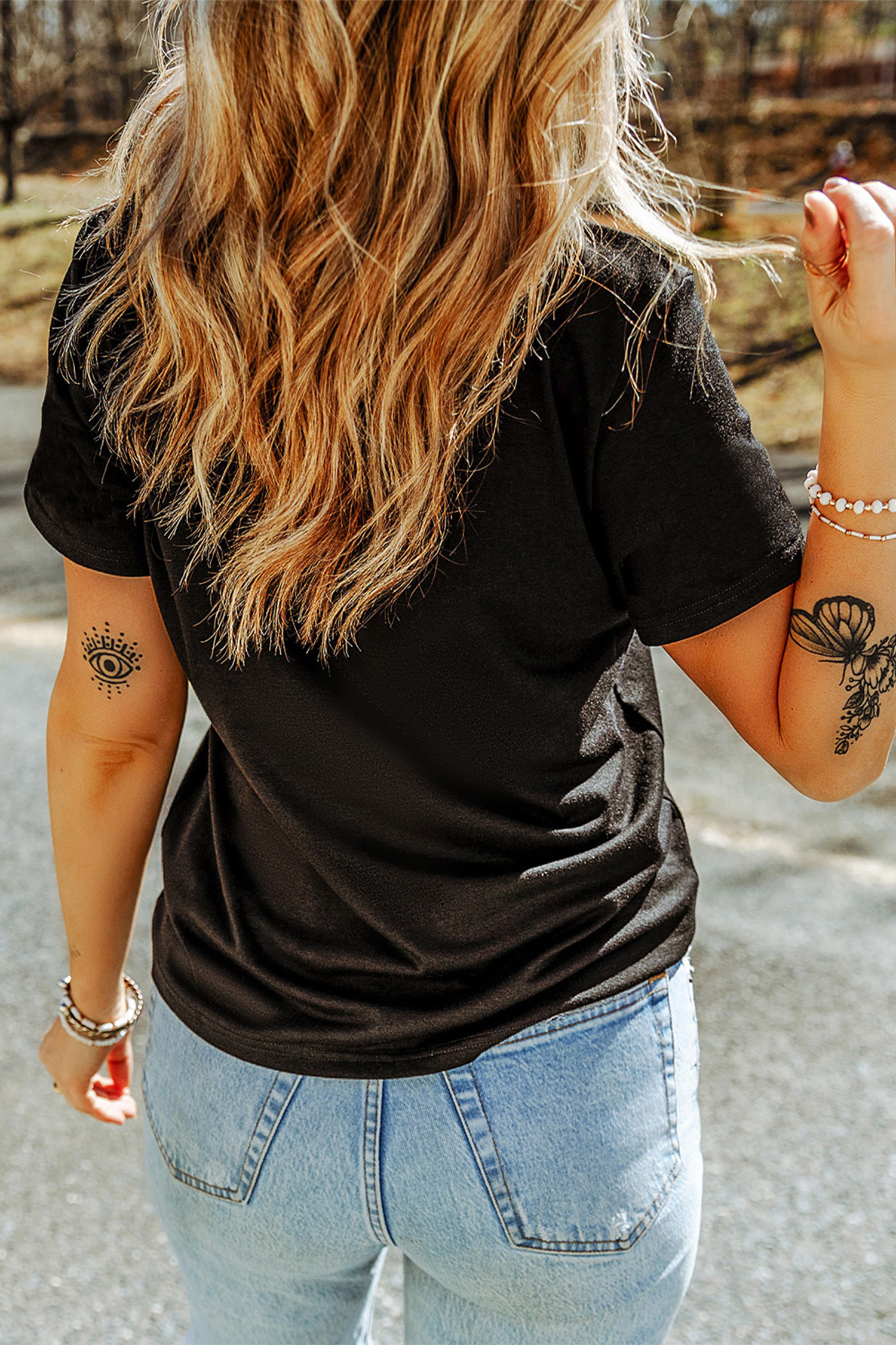 Black Cute Bow Knot Clover Printed Womens Casual Tee