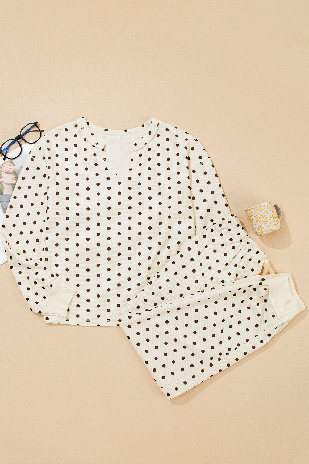 White Polka Dot Print Notched Neck Long Sleeve Top Drawstring Jogger Pants Waffle Knit Lounge Set