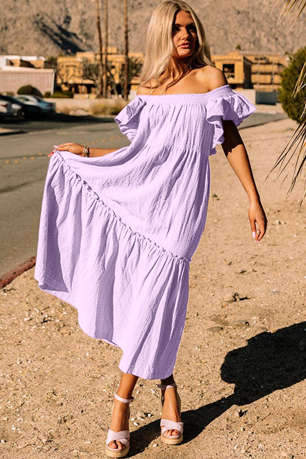 Sky Blue Ruffled Flutter Sleeve Square Neck Textured Tiered Maxi Dress