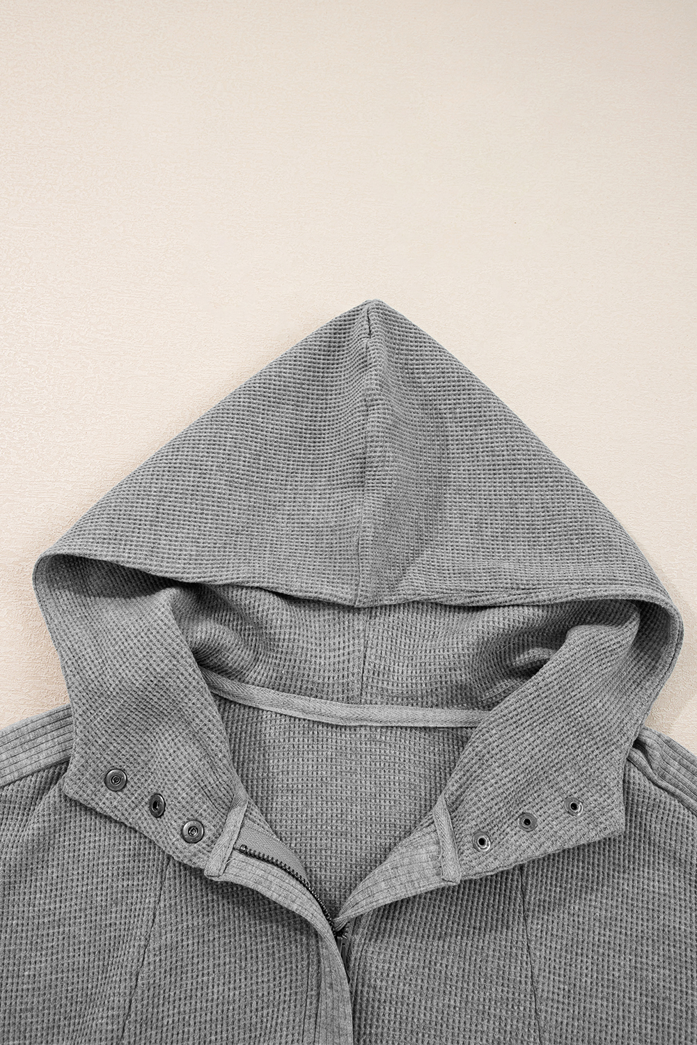 Burgundy Waffle Splicing Zip Up Front Button Hooded Jacket