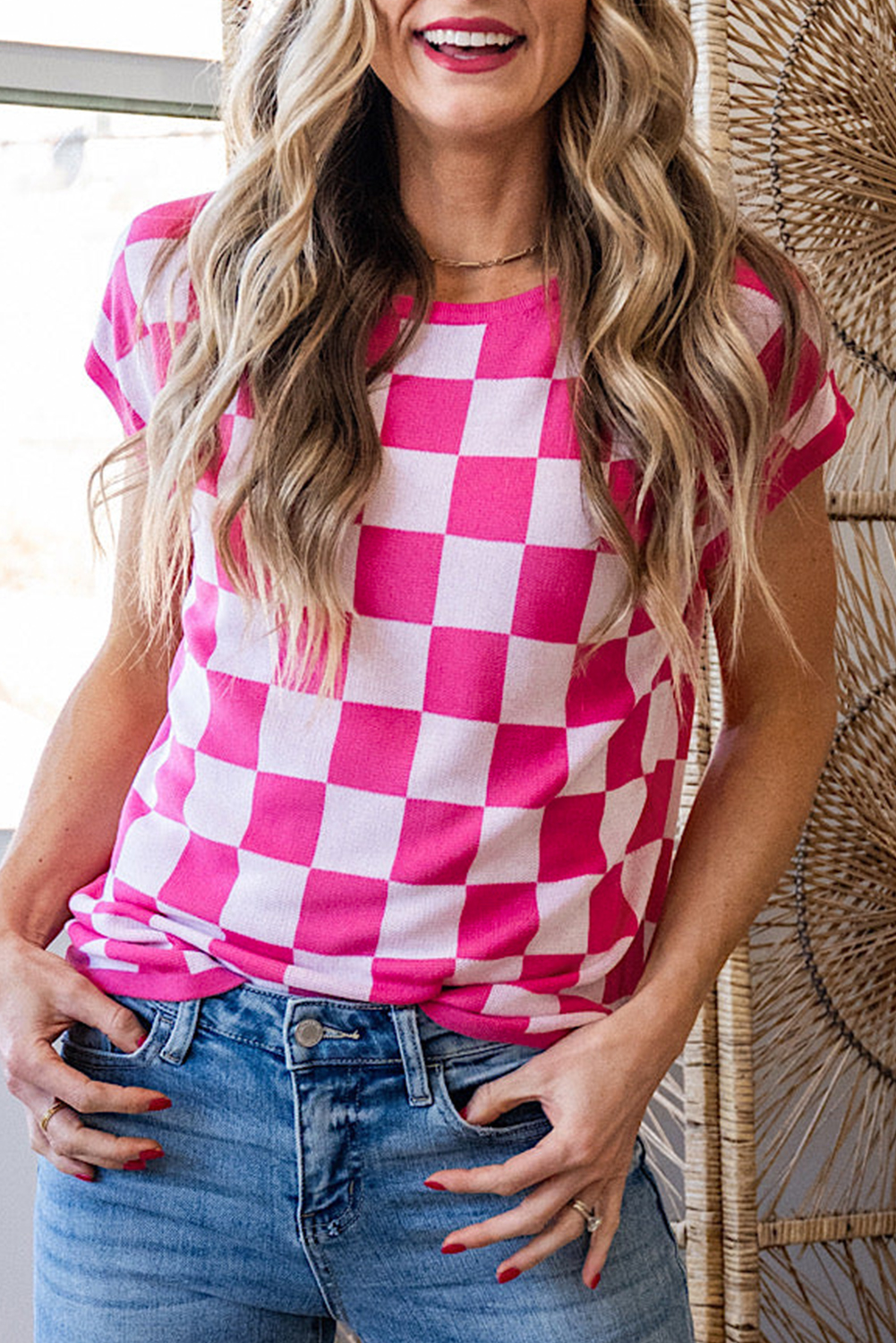 Rose Check Pattern Cap Sleeve Knitted Sweater