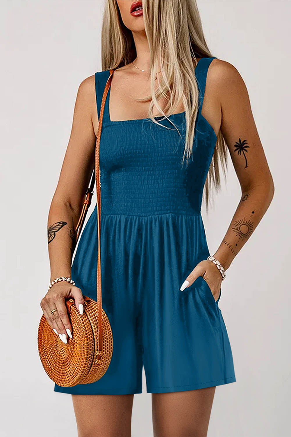 Blue Casual Pocketed Smocked Sleeveless Romper
