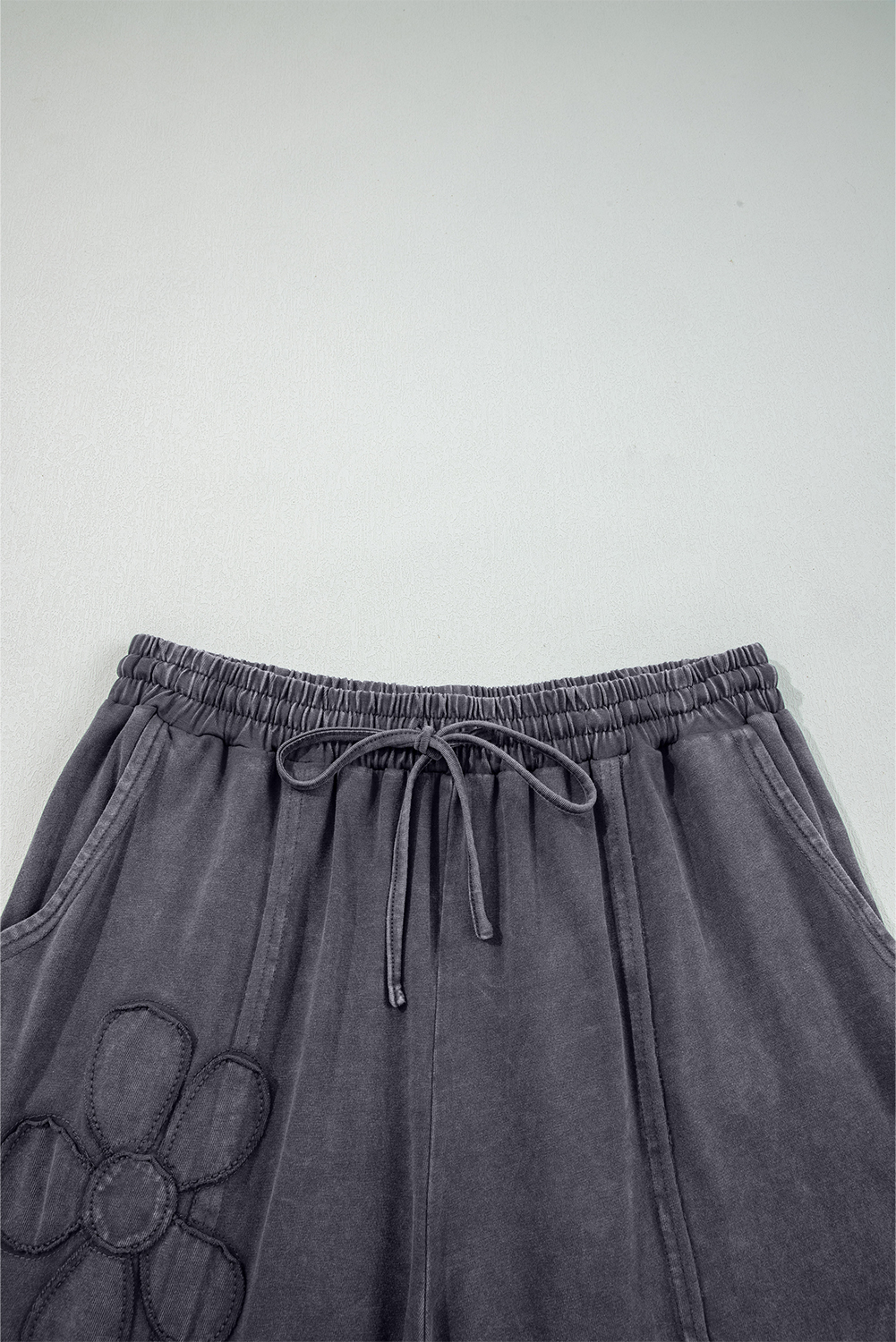 Light Grey Flower Patch Mineral Washed Terry Knit Cropped Wide Leg Pants