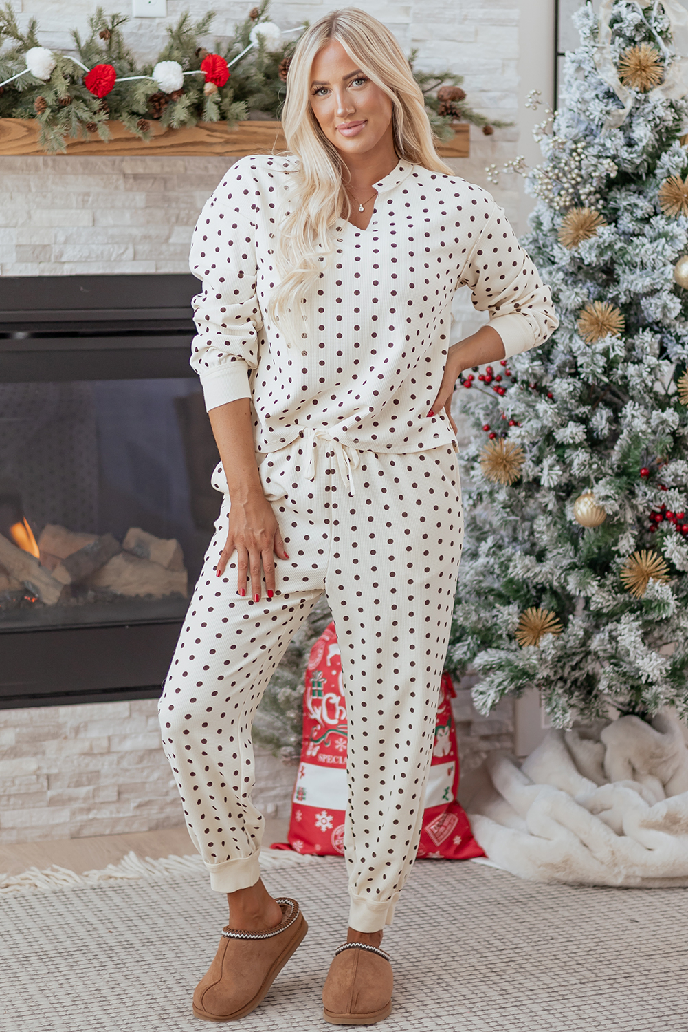 White Polka Dot Print Notched Neck Long Sleeve Top Drawstring Jogger Pants Waffle Knit Lounge Set