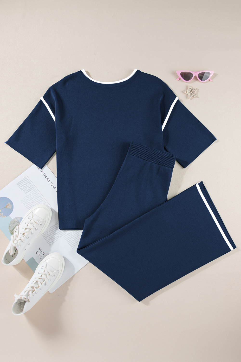 Blackish Green Contrast Trim Half Sleeve Top Drawstring Pants Loose 2pcs Sweater Suit