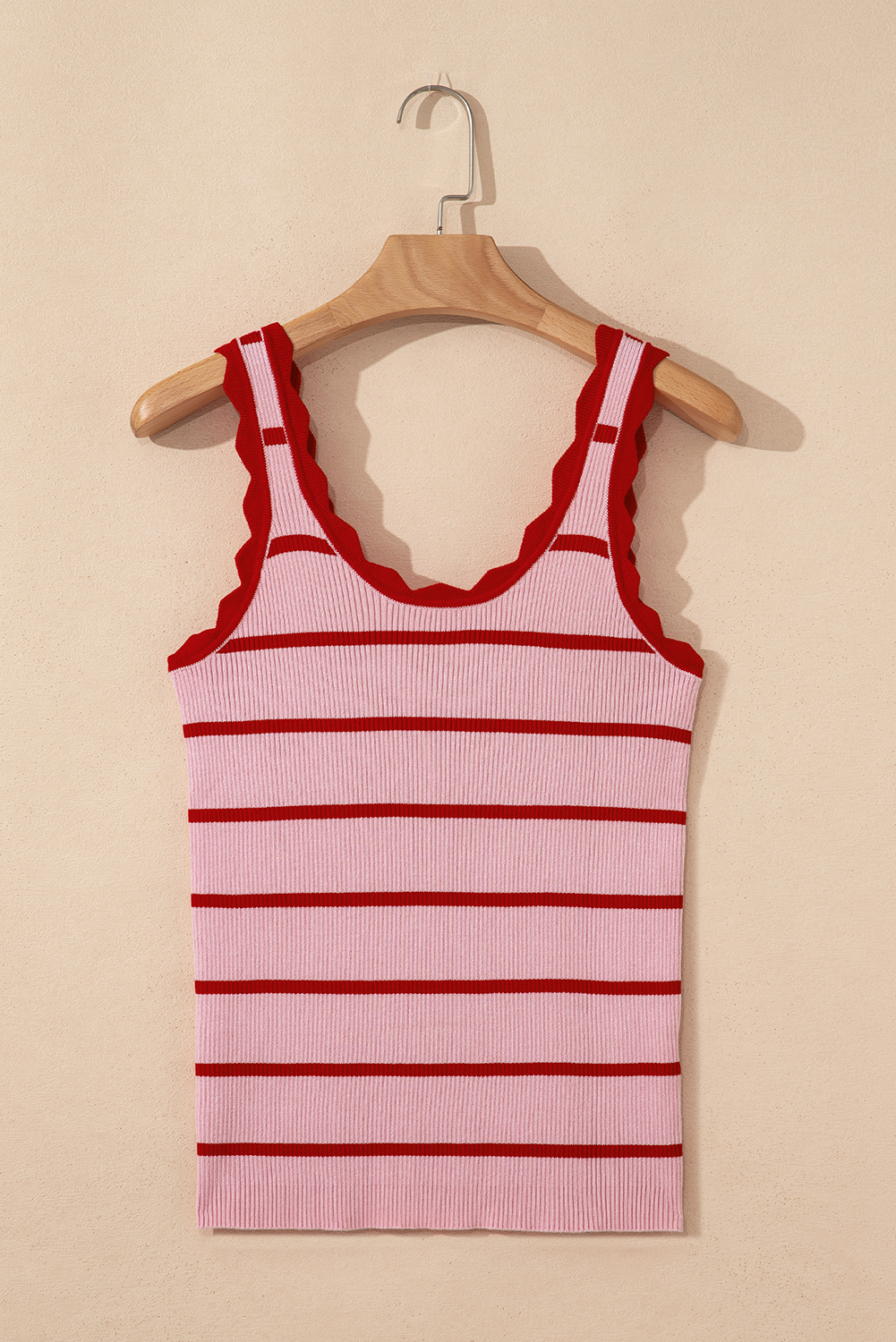 Bright Green Striped Scalloped Edge U Neck Sleeveless Sweater Vest