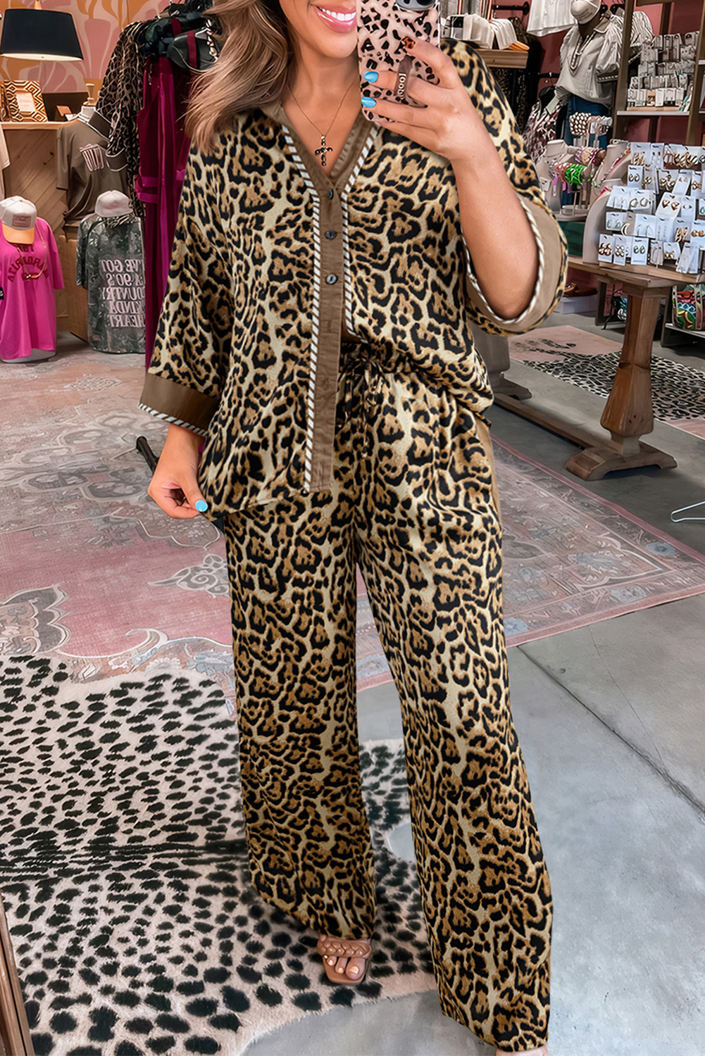 Brown Leopard Collared 3/4 Sleeve Shirt and Loose Pants Two Piece Outfit Set