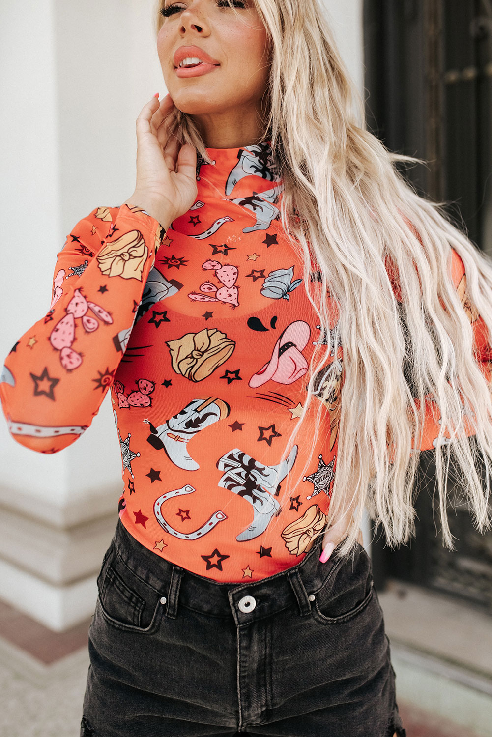 White Rodeo Bound Printed Long Sleeve Bodysuit