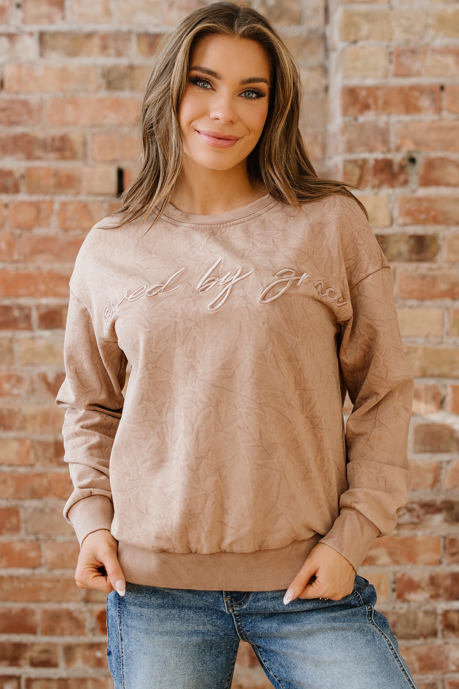 DUNE saved by grace Letter Embroidery Mineral Wash Loose Sweatshirt