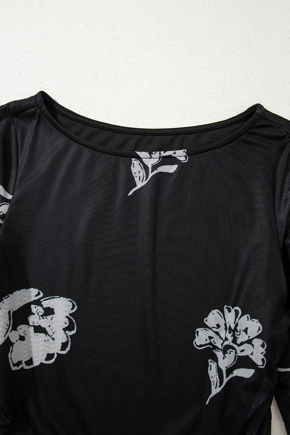 Black Floral Print Sleek Bodice Mesh Long Sleeve Top