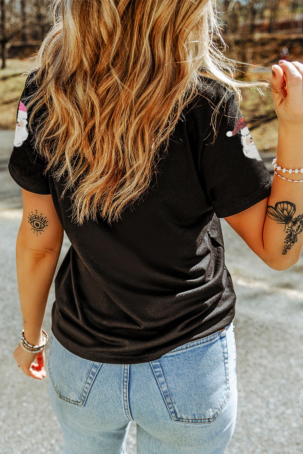 Black Sequin Patched Father Christmas Graphic T Shirt