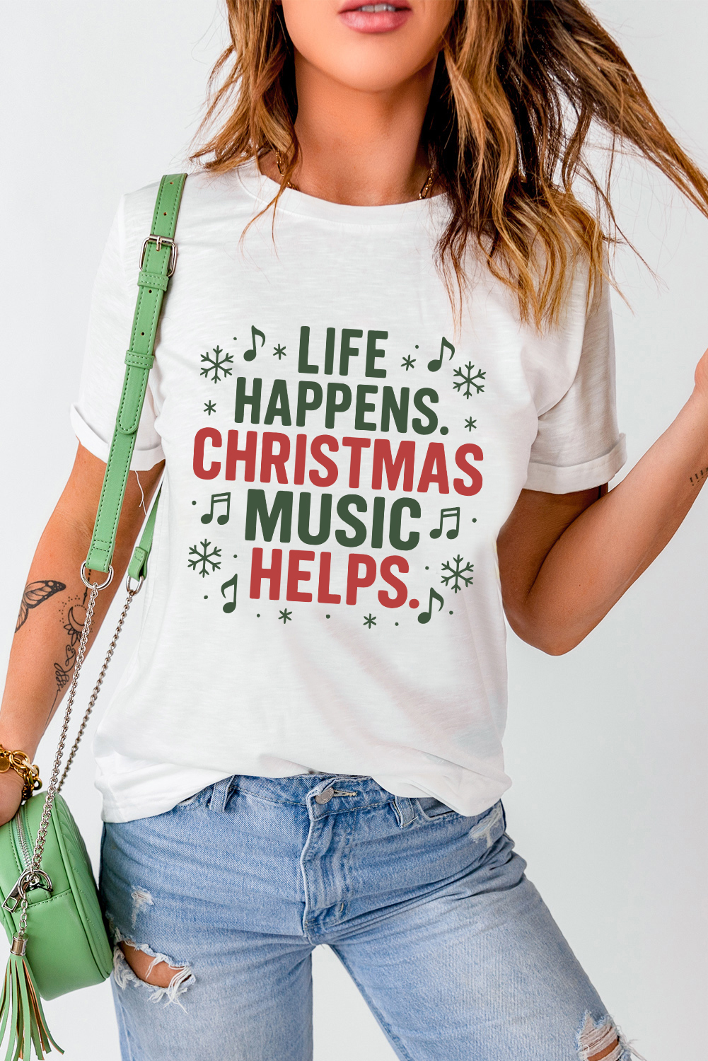 White LIFE HAPPENS CHRISTMAS MUSIC HELPS Graphic Tee