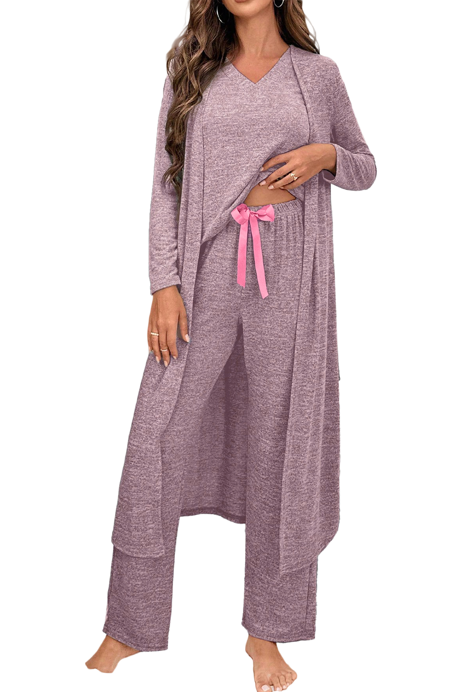 Delicacy 3pcs V Neck T Shirt Ribbon Knot Pants Open Duster 3pcs Lounge Set
