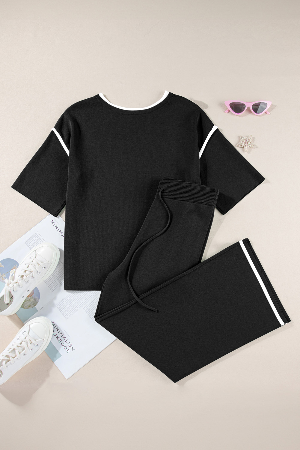 Blackish Green Contrast Trim Half Sleeve Top Drawstring Pants Loose 2pcs Sweater Suit