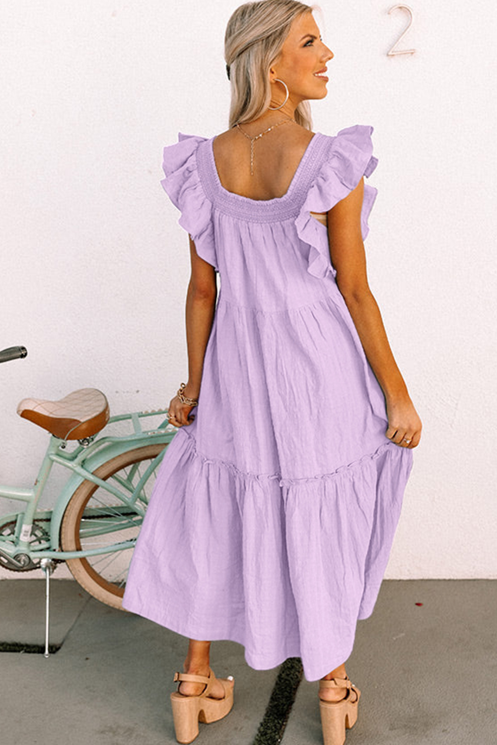 Sky Blue Ruffled Flutter Sleeve Square Neck Textured Tiered Maxi Dress