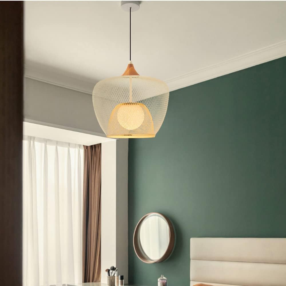 Indoor Chandelier, 15.7in Industrial Double Metal Mesh Pendant Lighting Adjustable Restaurant Ceiling Lamp Glass Hanging Light Fixture Compatible with Kitchen Dining Room Green (Color : B) , Light Fix