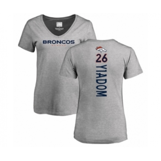 Football Women's Denver Broncos #26 Isaac Yiadom Ash Backer V-Neck T-Shirt