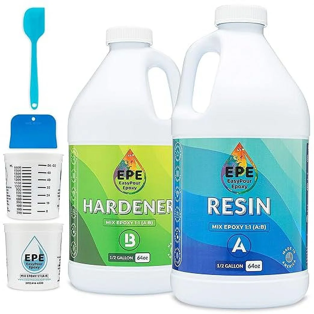 EPE EasyPour Epoxy 2 Gallon Kit - Crystal Clear High Gloss Resin and Hardener, 2 Mixing Cups, Silicone Spatula, Plastic Spreader - Wood Tabletops, Epoxy Countertop Resin, Epoxy Casting and Art Work - Curated Treasures Market