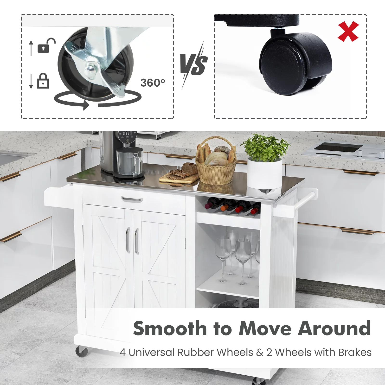 Rolling Kitchen Island Cart with Stainless Steel Top and Wine Rack, Kitchen Island on Wheels with Drawer & Open Shelves & Spice Rack(White-Stainless Top) - Curated Treasures Market