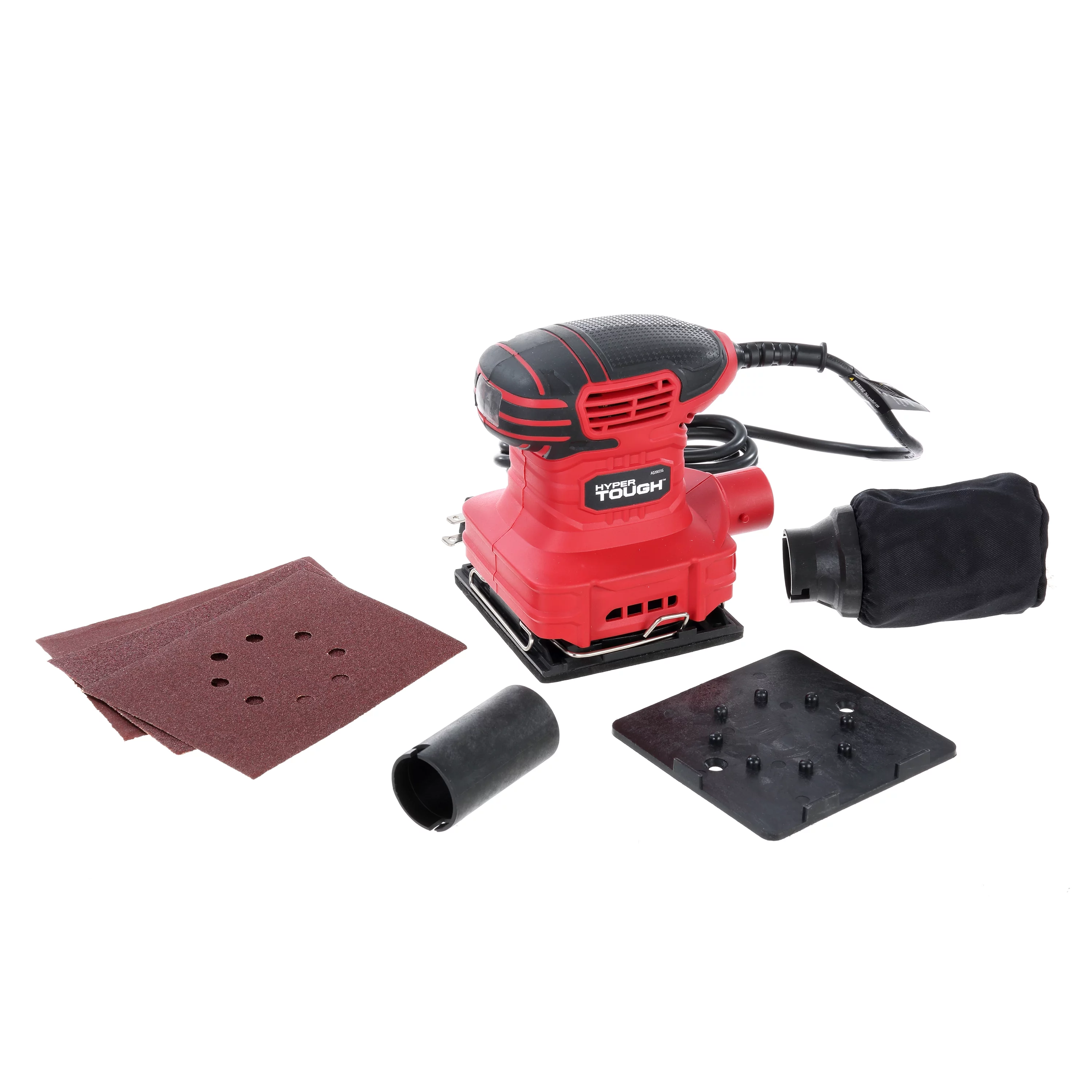Hyper Tough 2 AMP Corded 1/4 Sheet Palm Sander with Dust Bag, Vacuum Hose Adapter, Punch Plate & 3 Sanding Sheets (60, 80 & 120 Grit)