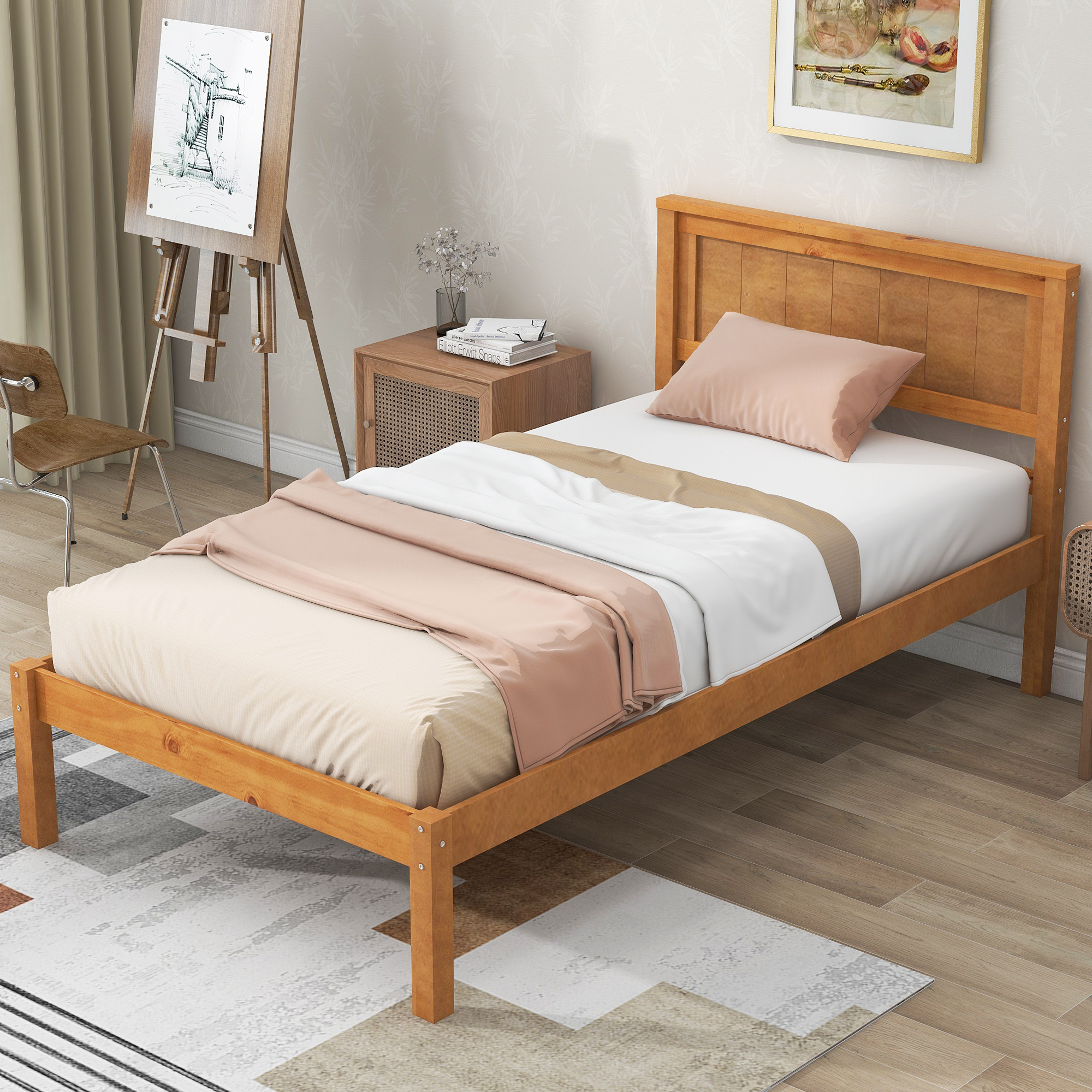 Oak Twin Platform Bed Frame with Headboard and Wood Slat Support - No Box Spring Required