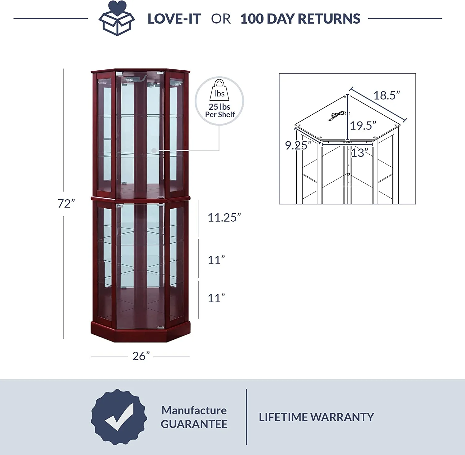 Lighted Corner Display Curio Cabinet Wooden Curved Shelving Unit with Tempered Glass Door, Bar and Liquor Storage Area with 6 Shelves - Ashfield (Cherry) - Curated Treasures Market