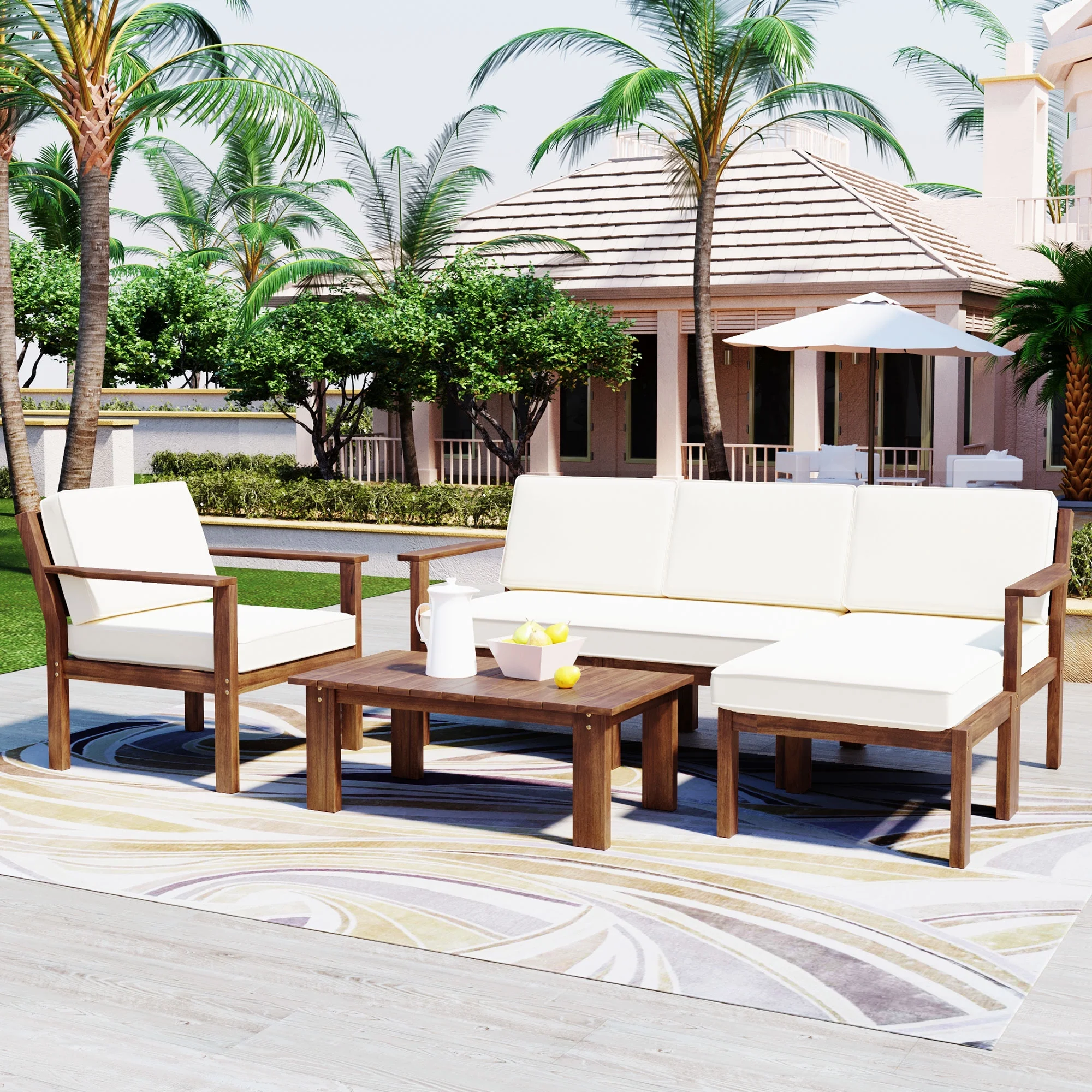 Putouzip 4-Piece Acacia Wood Patio Conversation Set, Outdoor Sectional L-Shaped Sofa with Detachable Cushions and Wood Coffee Table for Gardens Backyards, Beige - Curated Treasures Market