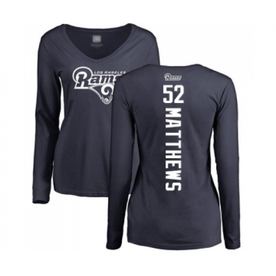 Football Women's Los Angeles Rams #52 Clay Matthews Navy Blue Backer Slim Fit Long Sleeve T-Shirt