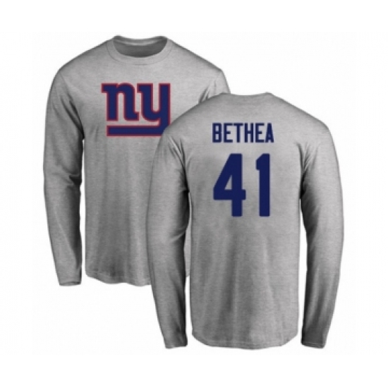 Football New York Giants #41 Antoine Bethea Ash Name & Number Logo Long Sleeve T-Shirt