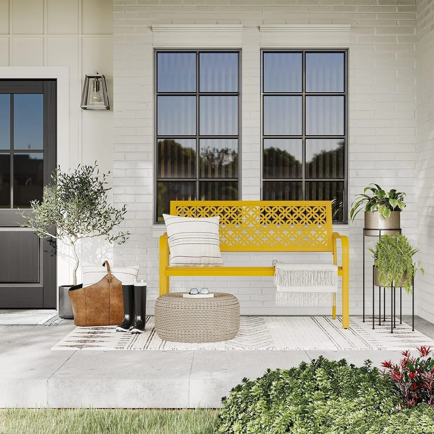 Outdoor Bench, Garden Benches with Anti-Rust Metal Powder Coated Frame, Patio Bench for Front Porch Park Outside Furniture Decor, Sunflower Yellow - Curated Treasures Market