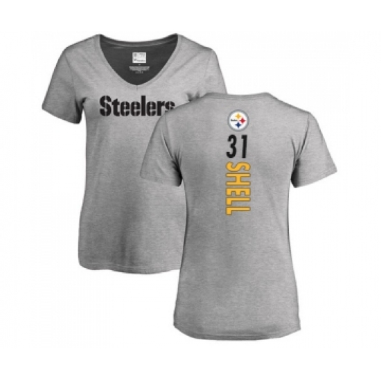 Football Women's Pittsburgh Steelers #31 Donnie Shell Ash Backer V-Neck T-Shirt