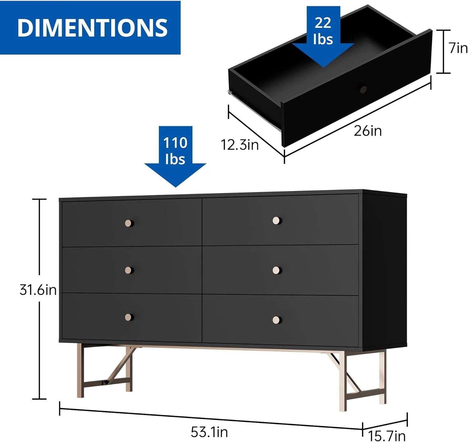 YOJFOTOOU. Modern 6 Drawer Chest of Drawers. 6 Drawer Dresser with Gold Knobles and Legs. 53 Wide Closet Dresser Chest of Drawer for Bedroom. Living Room. Black