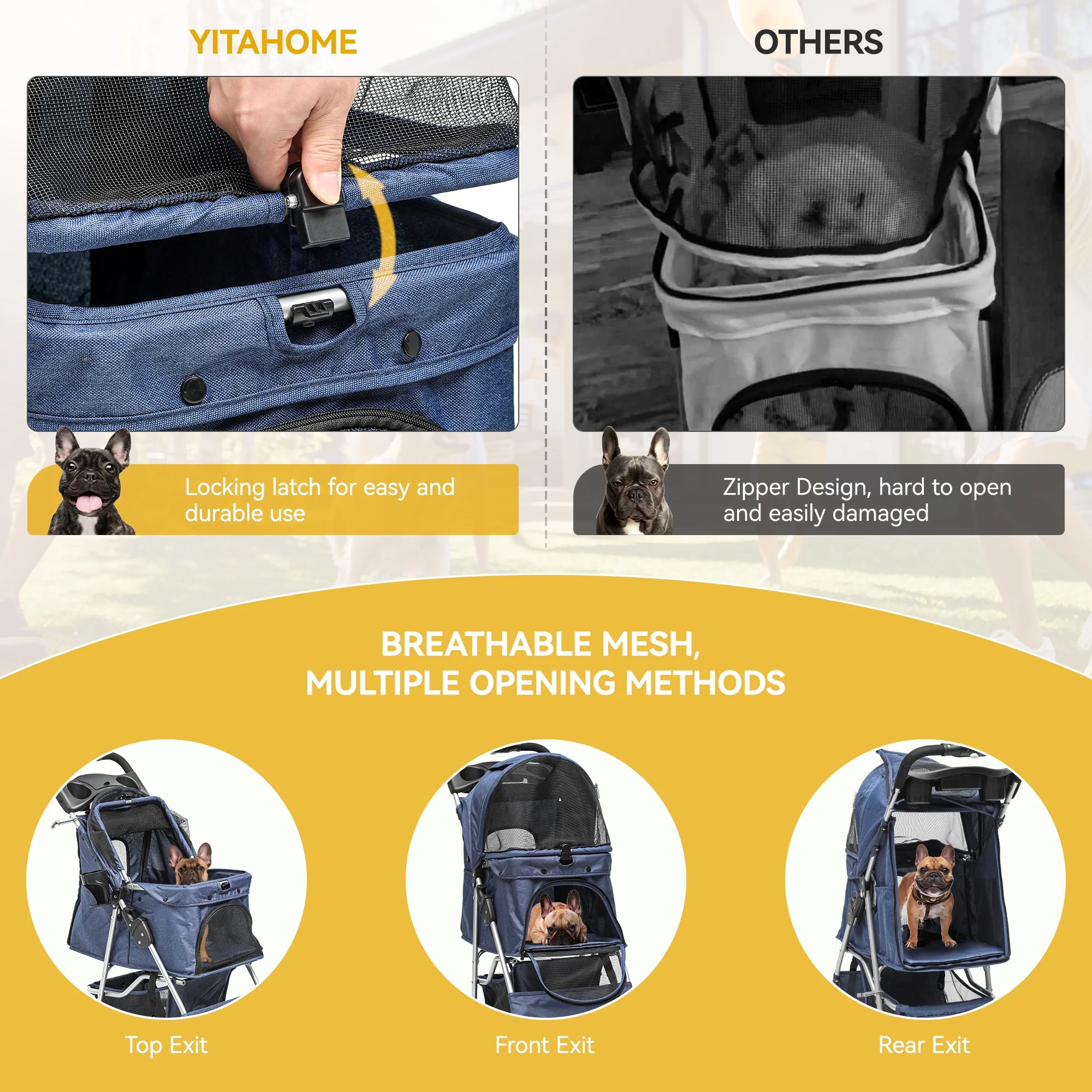 Dextrus 4 Wheel Foldable Dog Stroller with Storage Basket, Pet Stroller with 360? Rotation Wheel, for Small Medium Dogs & Cats,Navy Blue - Curated Treasures Market