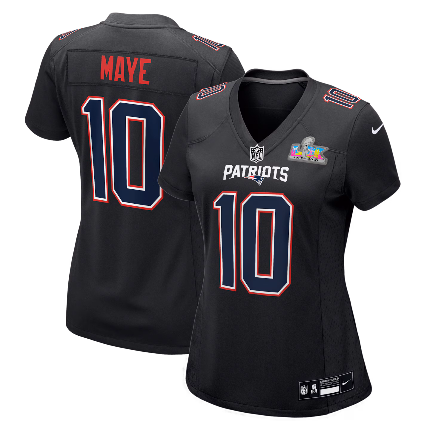 Women's New England Patriots Drake Maye Nike Black Super Bowl LX Patch Carbon Fashion Game Jersey