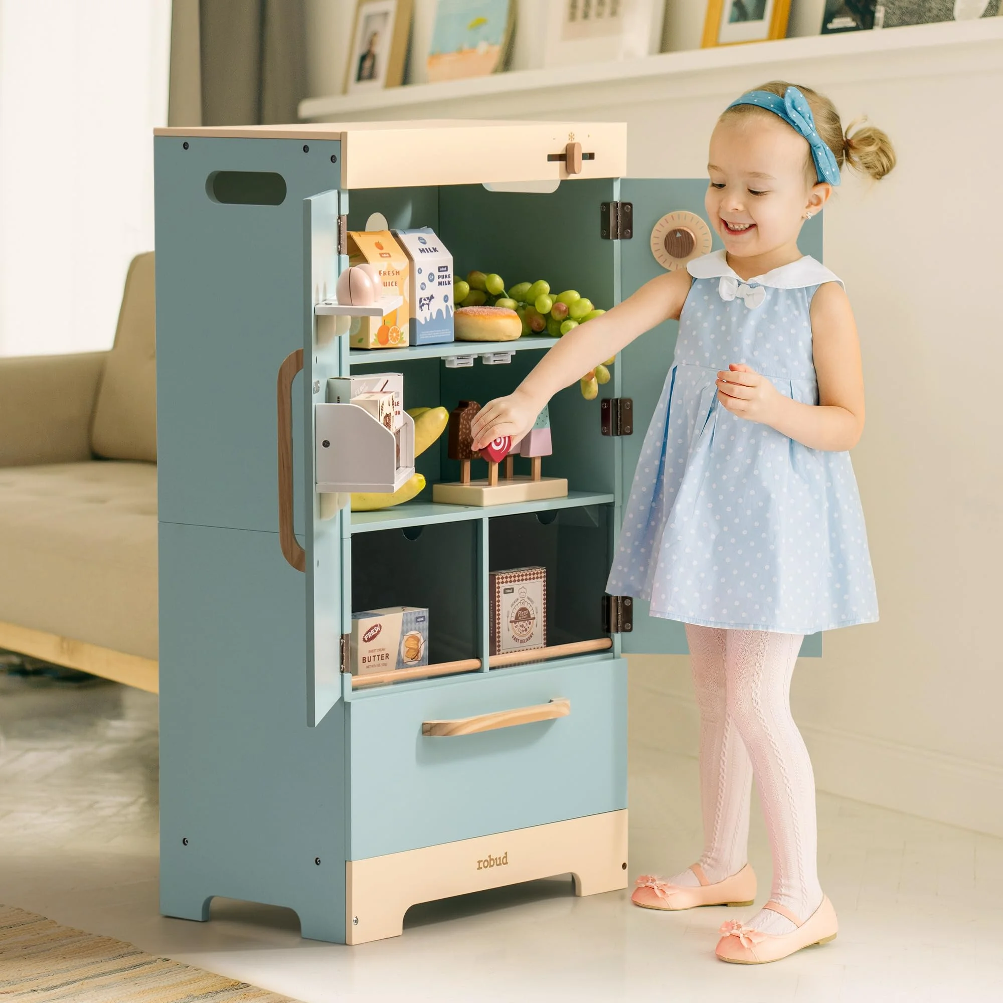 Robud Play Kitchen for Toddlers,Fridge Refrigerator with Ice Dispenser,Wooden Kids Play Kitchen Playset Toy,Gift for Ages 3+,Blue - Curated Treasures Market