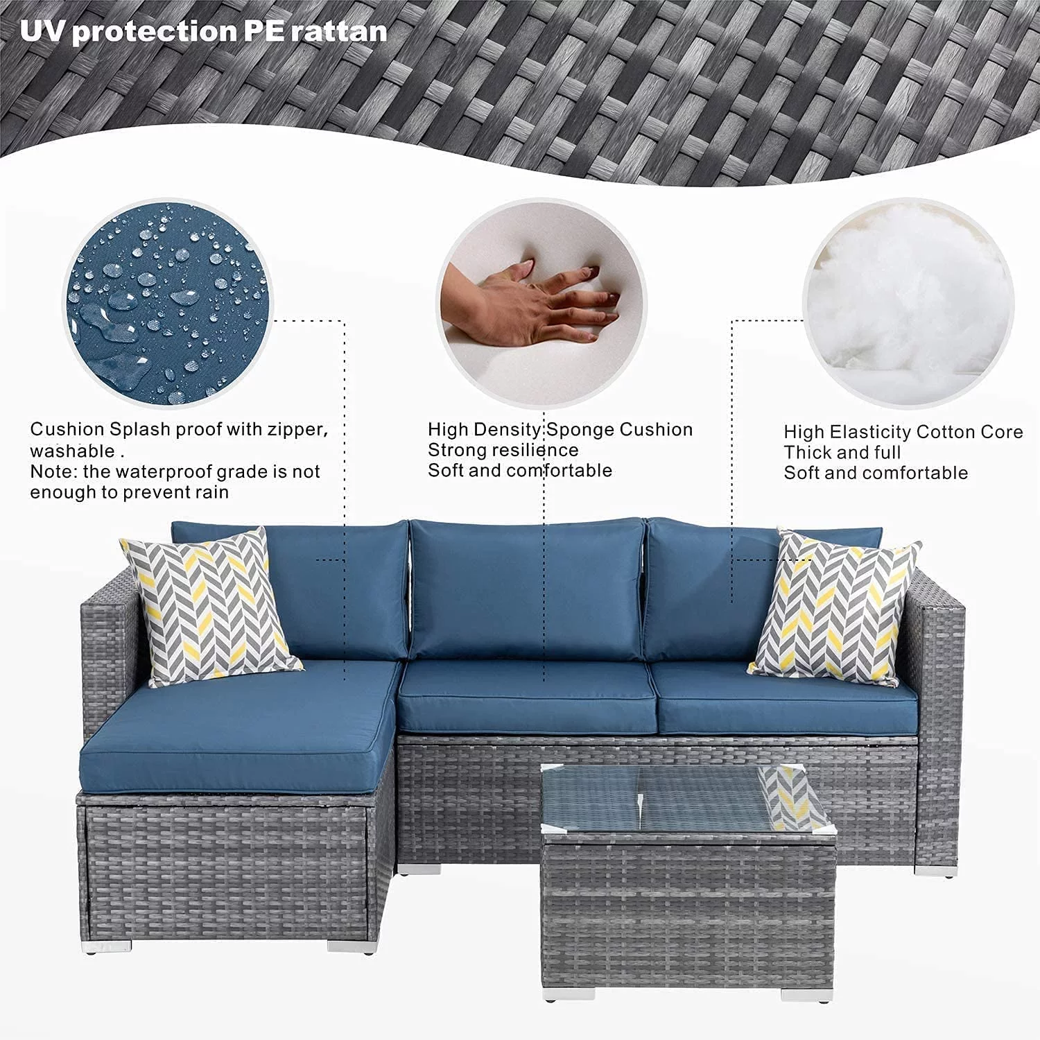 Walsunny 3 Piece Aegean Blue Outdoor Furniture Sectional Sofa Patio Set Silver Gray Rattan Wicker - Curated Treasures Market