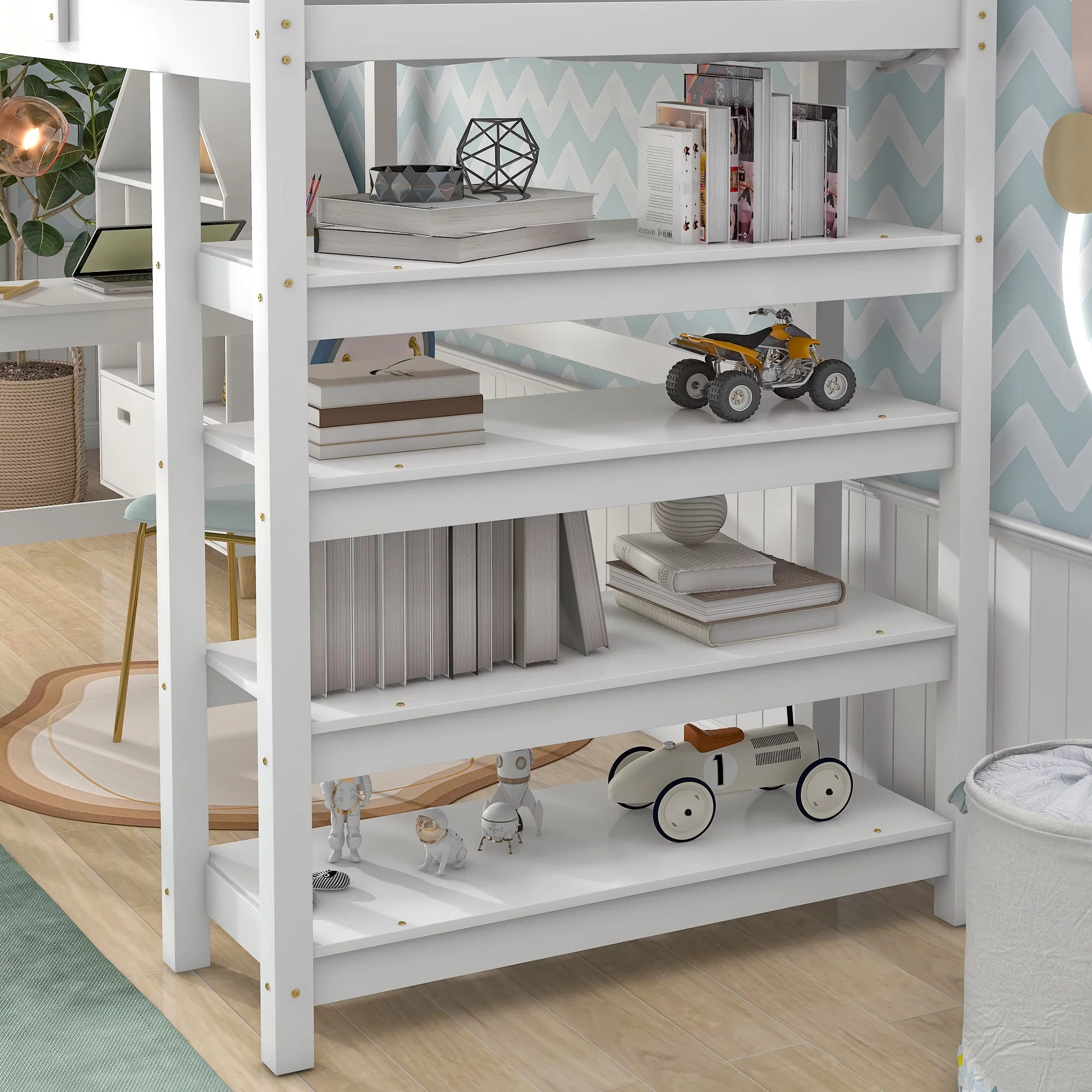 Twin Loft Bed with desk.ladder.shelves . White