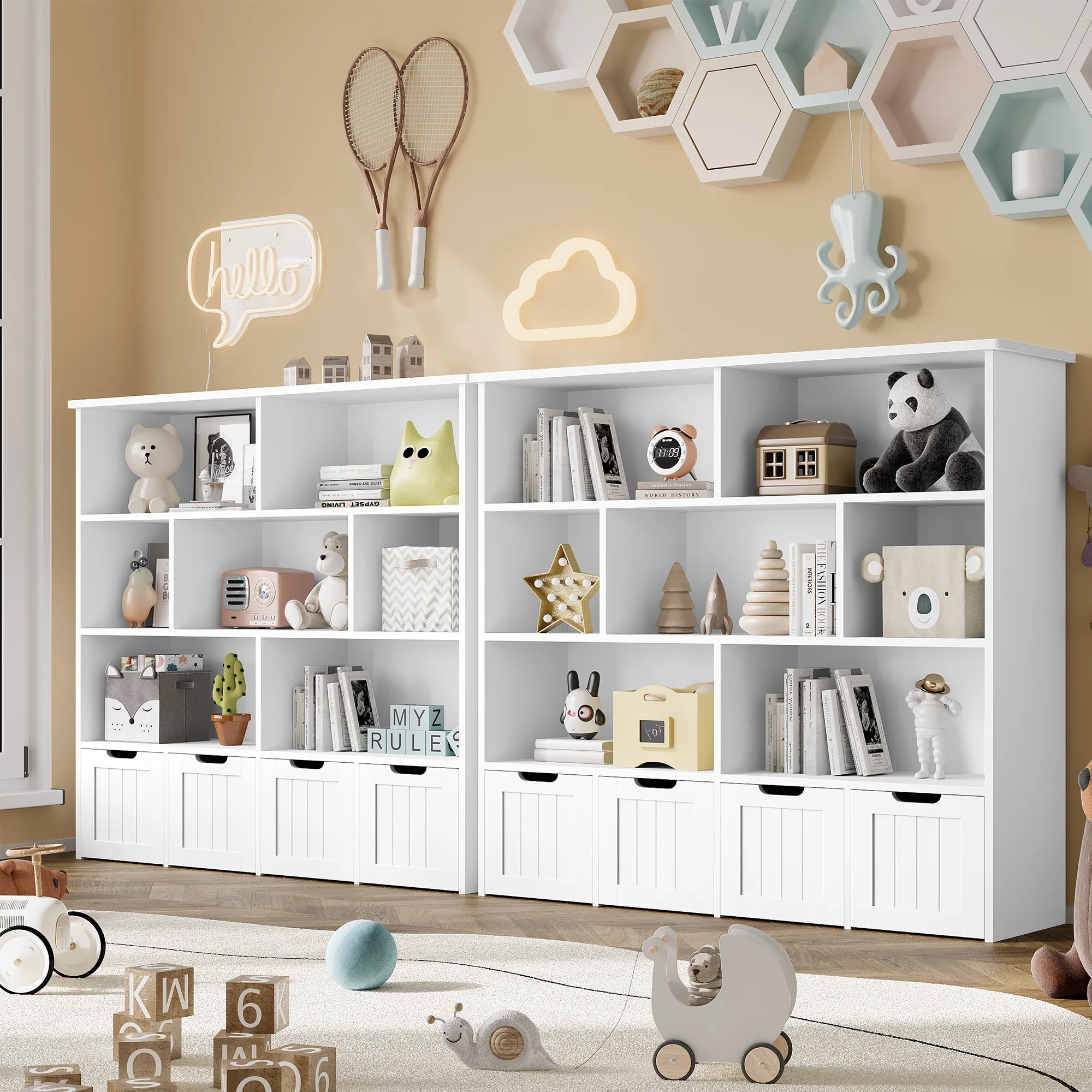Homfa 7 Cube Toy Storage  Organizer, Kids Geometric Bookcase and Bookshelf with 4 Drawers, White - Curated Treasures Market