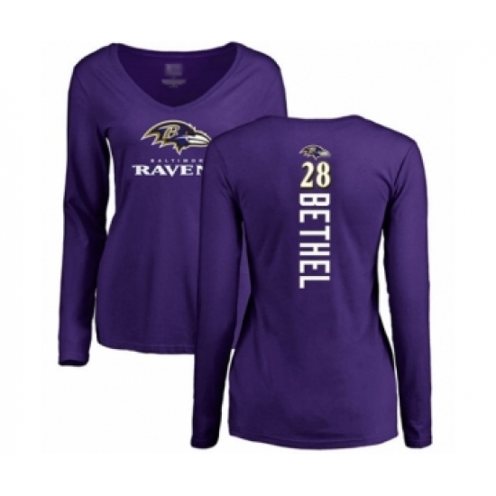 Football Women's Baltimore Ravens #28 Justin Bethel Purple Backer Long Sleeve T-Shirt